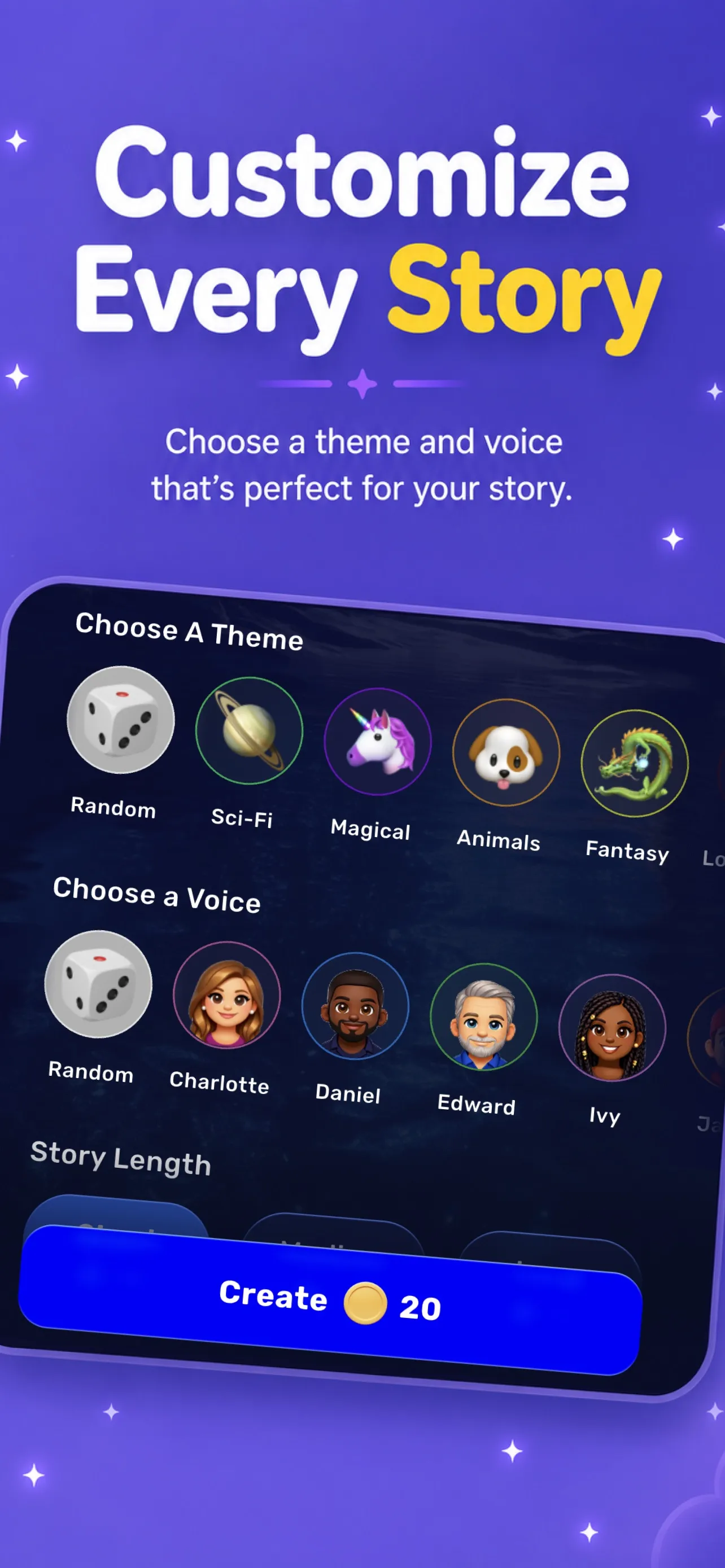 The story configuration screen, offering themes, a hero name, story length and narrator voices.