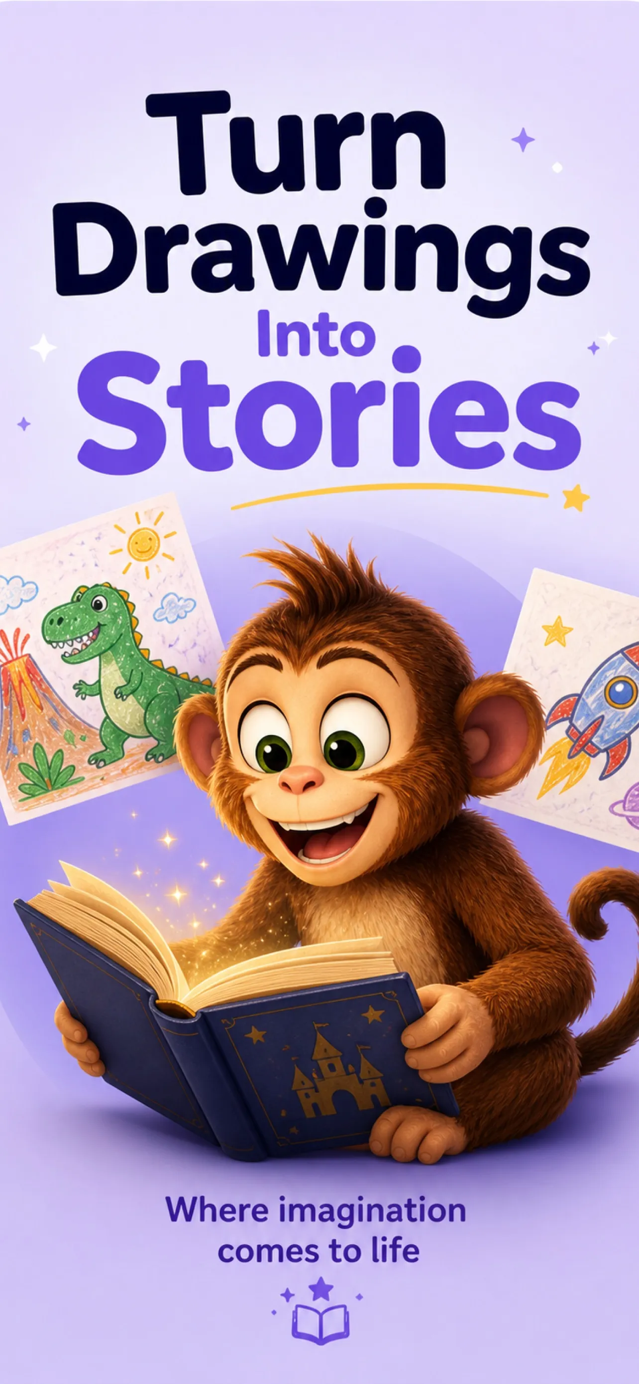 Pictale running on an iPhone, showing a child’s drawing turned into an illustrated, narrated story page.