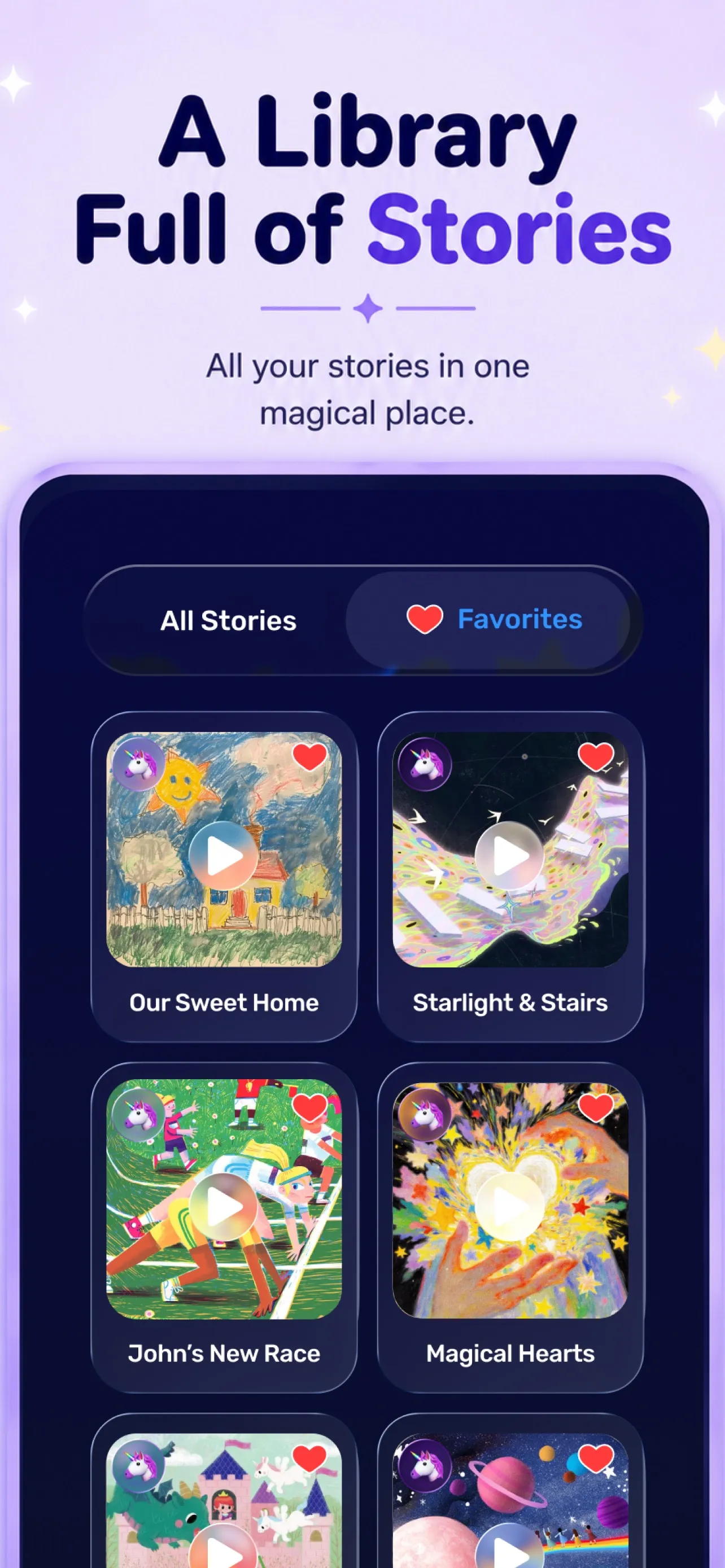 The Pictale story library on an iPhone, listing generated stories as illustrated cards with favourites and play buttons.