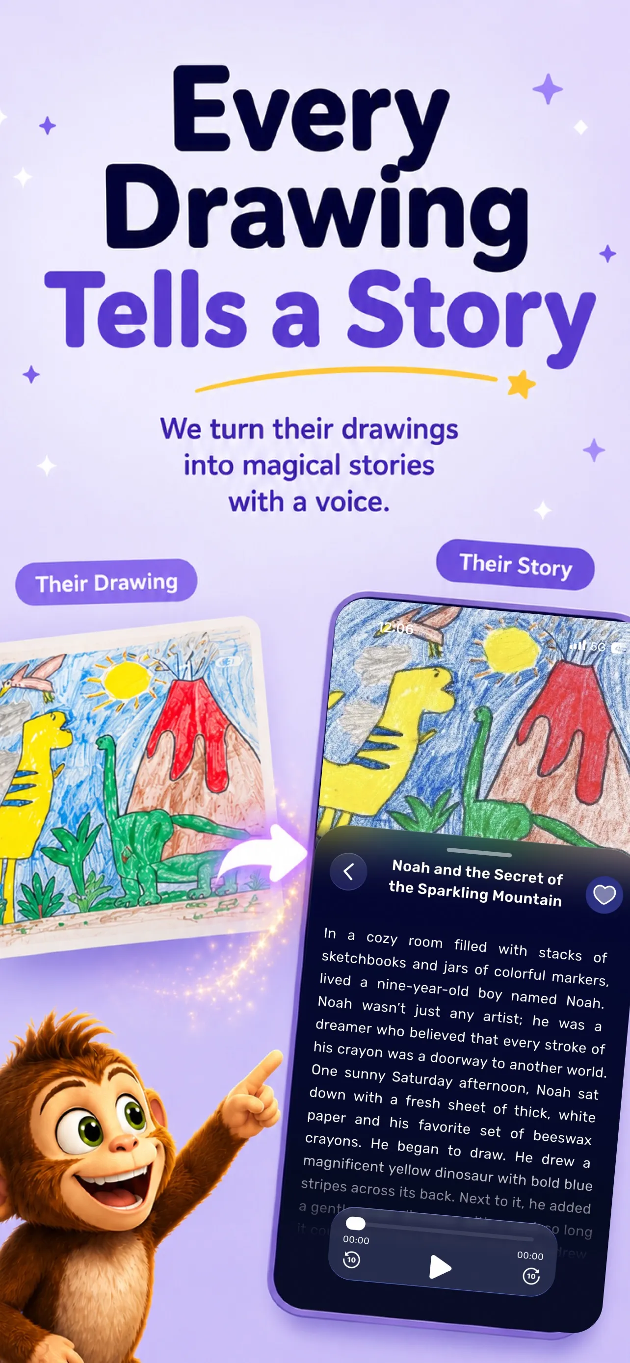 A generated, illustrated story page with the narrated text highlighted word by word.